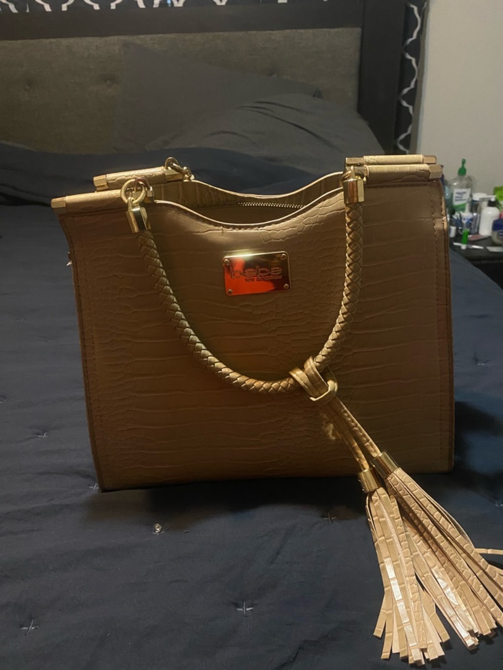 bebe Croc-Embossed Satchel in Camel with Gold Hardware and Braided Tassel